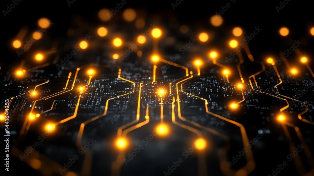 Poster illuminated circuit board: glowing orange nodes illuminate a complex circuit board, suggesting techn