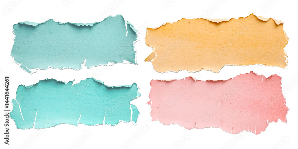 Poster torn paper rectangles: abstract composition of four torn paper rectangles in various pastel colors, 