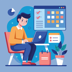 Young man with computer fills schedule calendar vector 