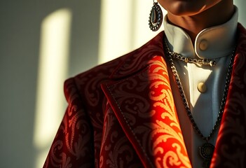 person wearing a red and white suit and a necklace