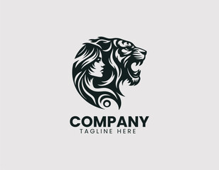 Woman Profile with Roaring Tiger Head Vector Logo