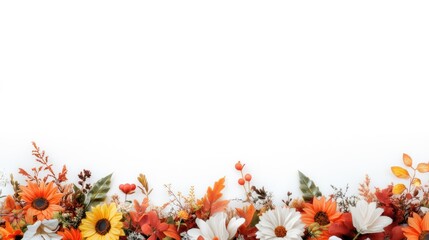 Autumnal floral border on white background. Colorful fall flowers and leaves arranged in a horizontal line