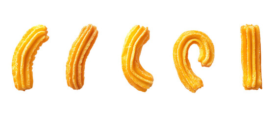 Fototapeta premium Five freshly cooked, golden Spanish churros arranged horizontally with different curved shapes, isolated on a transparent background for