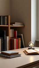 table with a book and a lamp on top of it