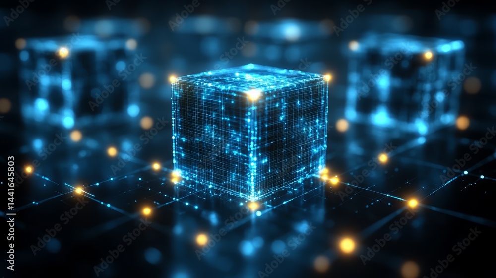 Aufkleber digital blocks network: abstract glowing blue digital cubes interconnected in a network, representin