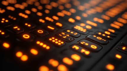Illuminated Keyboard: Close-up view of an illuminated keyboard with orange glowing keys, conveying the futuristic and technological aesthetic.