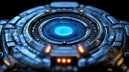 Technological Nucleus: A close-up view of a futuristic, mechanical device, with a glowing blue core and intricate metallic details, showcasing advanced engineering and technological innovation.