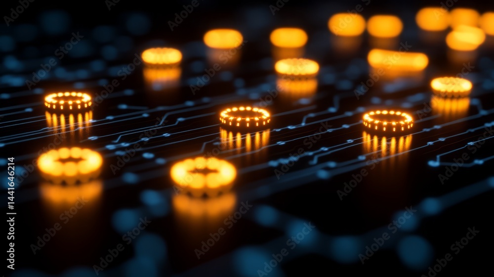 Poster illuminating electronic circuits: a macro perspective of glowing microchips integrated onto a comple