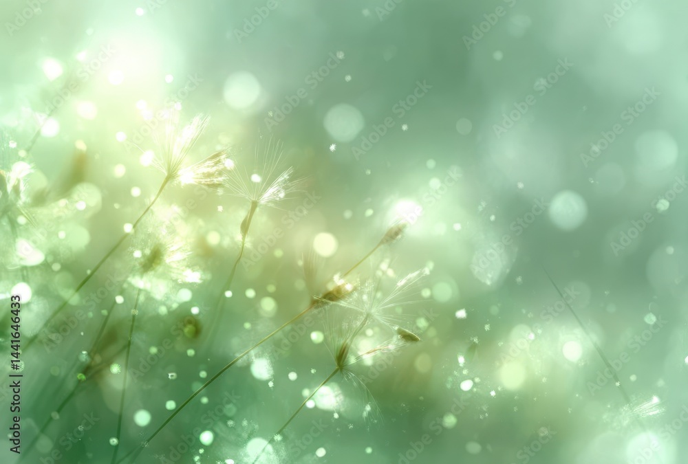 Poster soft glowing dandelion seeds floating gently in a blurred green and yellow bokeh background creating