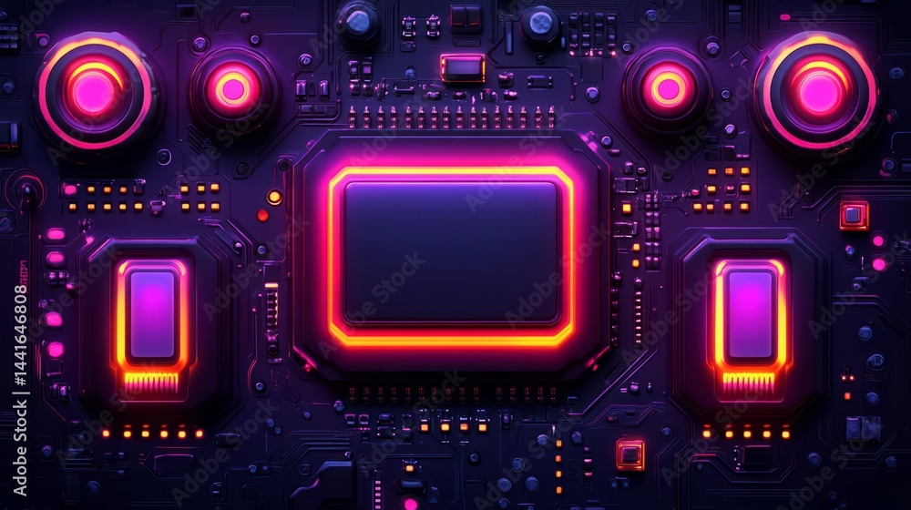Poster circuit board's tech symphony: a vibrant circuit board glows with technological sophistication, capt