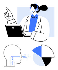 Support agent wearing headset points upward while explaining data on laptop. Features diagrams of air circulation in the human head and a pie chart. Ideal for customer service, communication, health