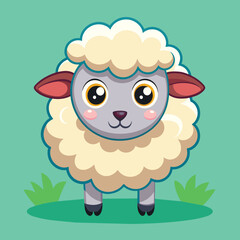A charming cartoon sheep with big eyes and a fluffy coat stands on grass. It has an inviting expression, making it ideal for kids' stories or educational materials.