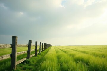 Fototapeta premium Rustic wooden fence stretches across a vibrant green field under a partly cloudy sky, offering a tranquil pastoral scene.