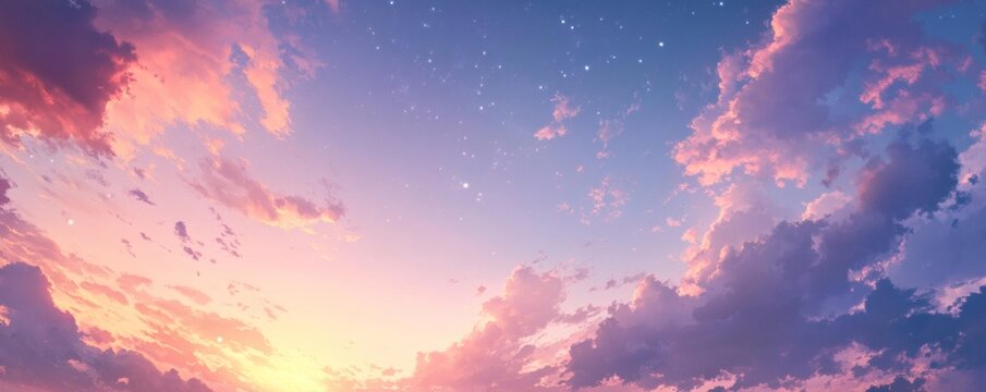 Soft, pastel sunset sky with fluffy clouds.