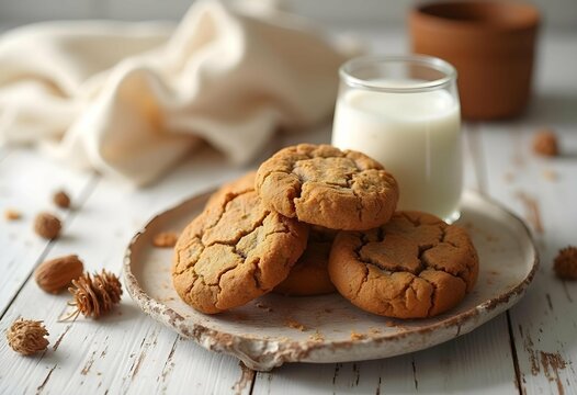 Homemade chocolate chip cookies with milk on rustic ceramic plate, cozy dessert snack on white wooden table, soft baked sweet treats for breakfast, comfort food concept in natural light setting
