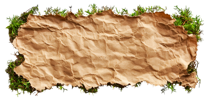Vintage Paper with Nature's Embrace: A rustic, crumpled piece of aged paper, fringed with textured edges, is cradled by vibrant green moss.