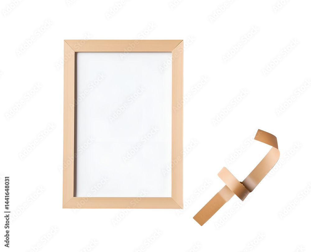 Poster wood frame with masking tape: a blank wood frame and masking tape rest in isolation, ready for your 