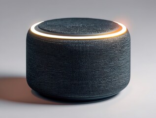 c portable bluetooth speaker, cylindrical shape, fabric mesh texture, modern minimalist design, dark matte finish, soft shadows, no logo, isolated on white background