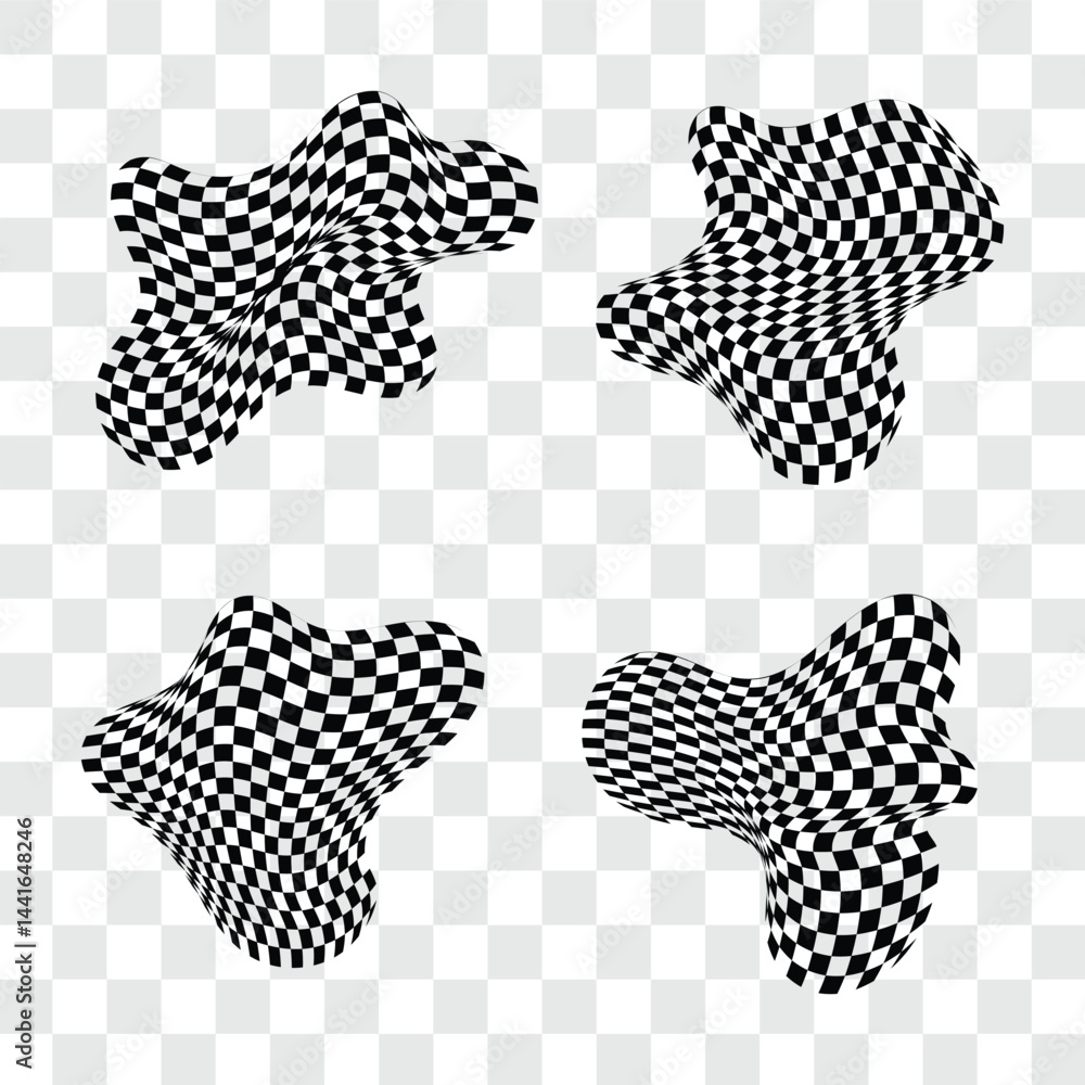 Poster groovy retro pattern elements in psychedelic checkered backdrop style design.