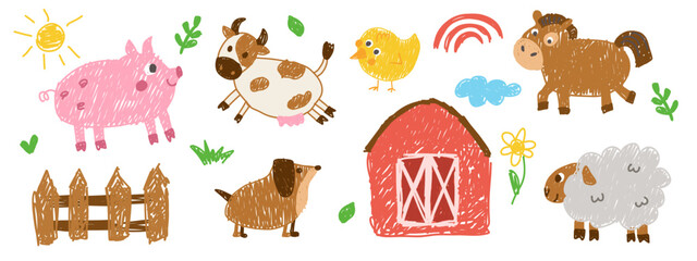 Kids doodle drawings set with animals. Freehand child baby drawn elements: sun, cow, pig, dog, horse, ram, chick, flower, barn, fence. Hand drawing colored pencil scribbles. Village vector illustratio © Julisart