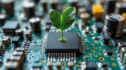Green Technology: A vibrant sprig of plant life sprouts from a computer chip, symbolizing the fusion of technology and environmental consciousness.