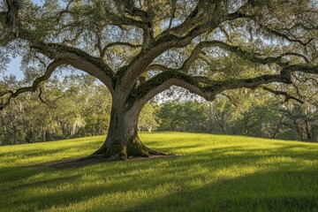 Obraz premium Oak tree on grassy field in spring