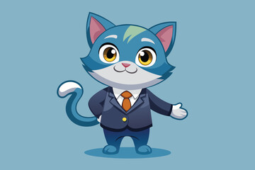 A playful cartoon cat dressed in a formal business suit stands confidently with one hand gesturing, showcasing a friendly demeanor on a light blue backdrop.