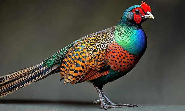 Vibrant pheasant showcasing its colorful plumage in a natural setting, surrounded by soft lighting
