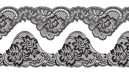 Two pieces of black lace trim with large floral design and scalloped edges, arranged facing each other.