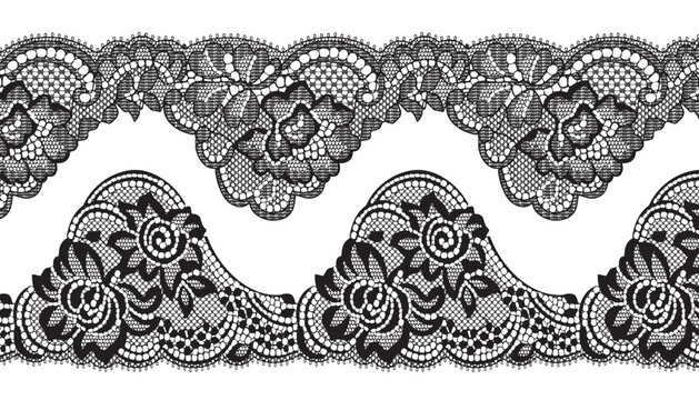 Two pieces of black lace trim with large floral design and scalloped edges, arranged facing each other.