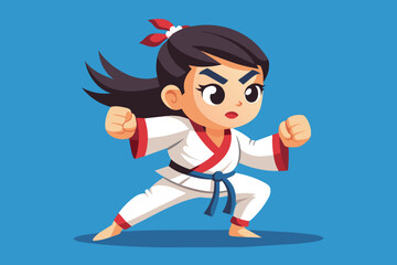 A young martial artist stands confidently in a strong stance, wearing a traditional white uniform with a blue belt, ready to showcase her skills.