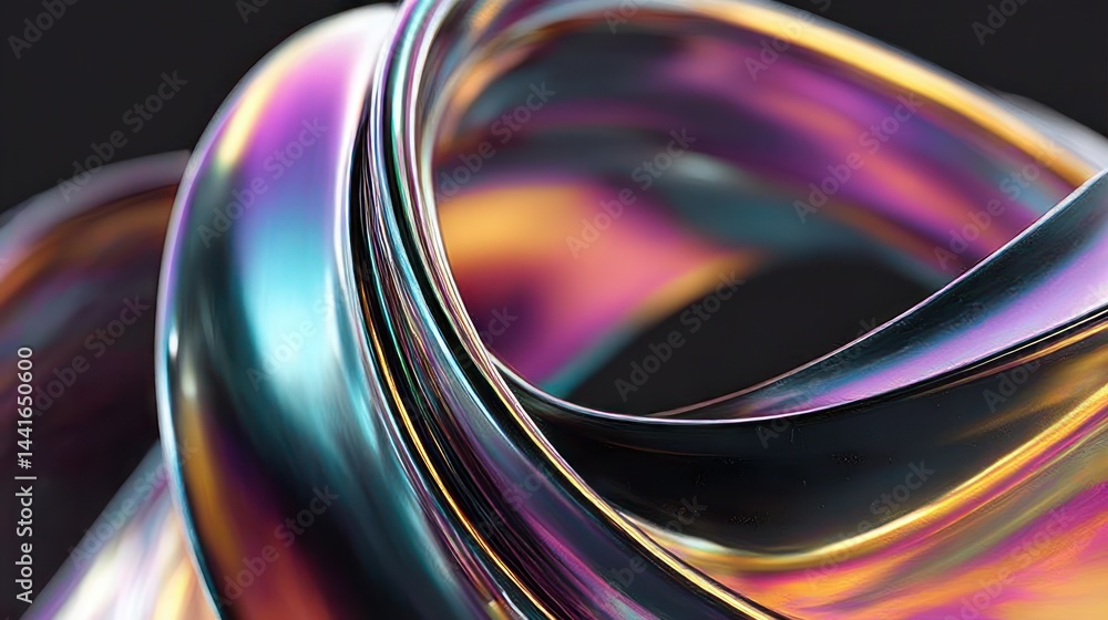 Poster close-up of smooth intertwined metallic ribbons with reflective iridescent colors creating a dynamic