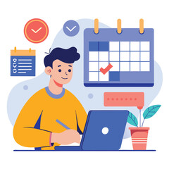 Young man with computer fills schedule calendar vector 