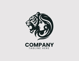 Fototapeta premium Woman Profile with Roaring Tiger Head Vector Logo
