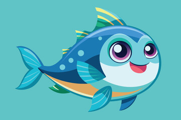 A joyful cartoon fish swims in a bright blue ocean, exuding happiness with its large eyes and colorful fins, inviting viewers into a whimsical underwater world.