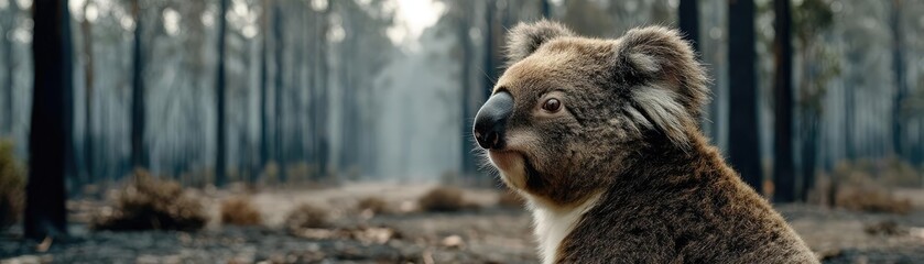 Endangered species suffering from burned habitat loss concept. A serene koala in a tranquil forest setting, embodying wildlife beauty.