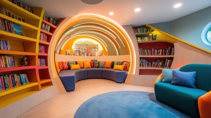 Cozy reading nook modern library interior design colorful environment wide angle inviting space for book lovers