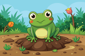 Obraz premium A vibrant green frog with big eyes and rosy cheeks is perched on a muddy spot, surrounded by colorful flowers and greenery under a clear blue sky.