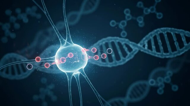 A Detailed Exploration of a Neuron Cellular Structure Underlining Neurotransmission and Genetic Interaction in a Scientific Illustration