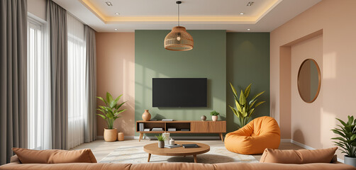 A modern living room featuring a warm color palette with a prominent green wall and soft peach accents