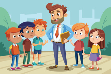 A cheerful teacher engages with a group of young students in a colorful outdoor environment, highlighting a moment of connection and learning during a sunny day.