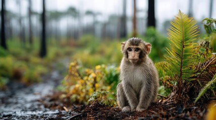 Obraz premium Endangered species suffering from burned habitat loss concept. A curious monkey sits peacefully amid lush green foliage.