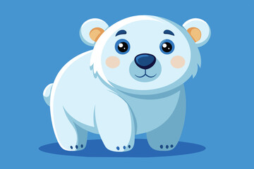 Obraz premium A cheerful cartoon polar bear stands against a bright blue backdrop, wearing a friendly expression as it captures a playful moment of innocence and joy.