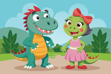 Obraz premium Two cheerful cartoon dinosaur characters, a smiling dragon and a playful dinosaur girl in a dress, enjoy a sunny day in a vibrant park surrounded by trees.