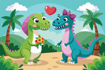 Fototapeta premium A green dinosaur presents a bouquet of flowers to a blue dinosaur adorned with a bow, surrounded by lush foliage and hills in a cheerful setting.