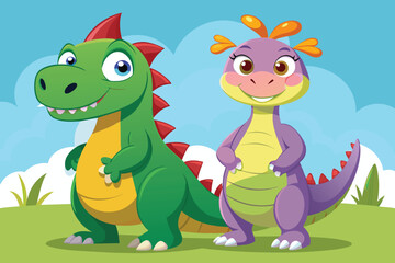 Obraz premium Two cheerful, cartoon dinosaurs pose side by side in a bright, grassy area with a clear blue sky and fluffy clouds, radiating playful energy and friendship.