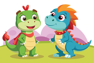 Obraz premium Two cheerful cartoon dinosaurs, one green and the other blue, are happily interacting on a bright green field with a colorful backdrop.