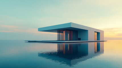 Modern Floating House on Tranquil Water at Sunset with Minimal Design