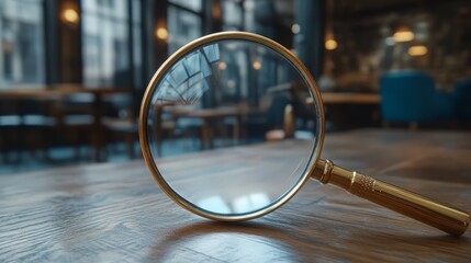 Magnifying Glass on Wooden Table: A magnifying glass with a brass handle rests on a rich, dark wooden surface, with a blurred restaurant interior visible in the background.