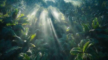 Sunbeams pierce a misty palm forest, creating a dramatic, ethereal scene from above